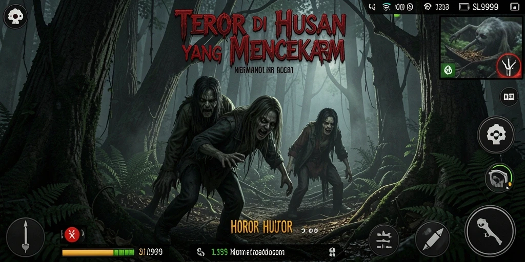 Antarmuka SL999 menampilkan suasana horor hutan yang mencekam.