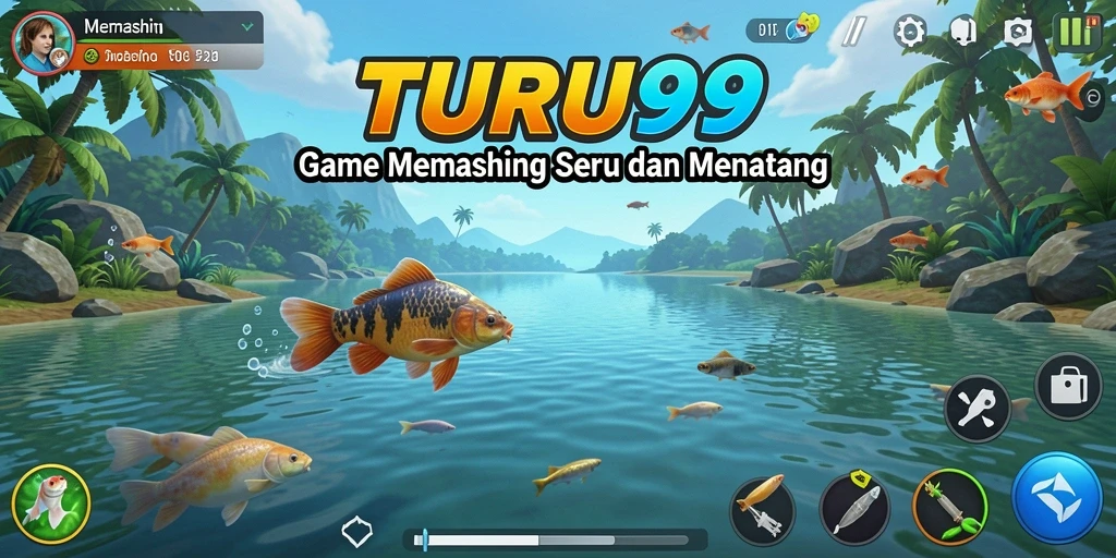 Tampilan antarmuka utama TURU99 saat memancing di danau.